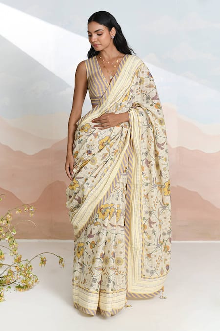 Buy Baise Gaba Beige V-neck Bloomline Designer Saree With Blouse Online at Aza Fashions Buy_Baise Gaba_Beige V-neck Bloomline Designer Saree With Blouse _Online_at_Aza_Fashions
