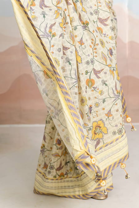 Shop Baise Gaba Beige V-neck Bloomline Designer Saree With Blouse Online at Aza Fashions Shop_Baise Gaba_Beige V-neck Bloomline Designer Saree With Blouse _Online_at_Aza_Fashions