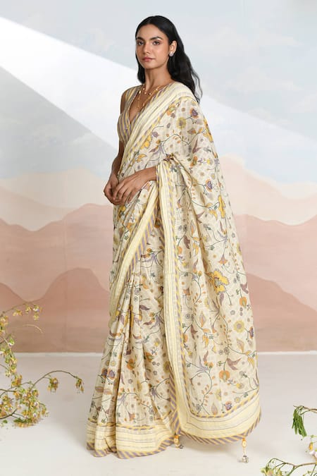 Baise Gaba Beige V-neck Bloomline Designer Saree With Blouse at Aza Fashions Baise Gaba_Beige V-neck Bloomline Designer Saree With Blouse _at_Aza_Fashions