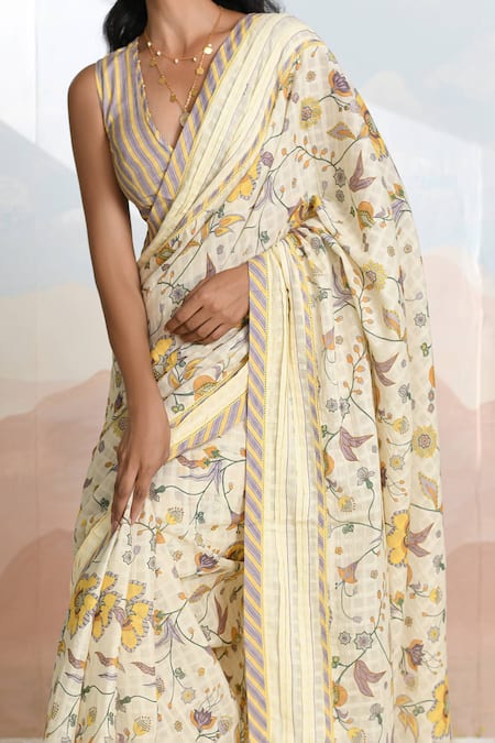 Buy Baise Gaba Beige V-neck Bloomline Designer Saree With Blouse Buy_Baise Gaba_Beige V-neck Bloomline Designer Saree With Blouse