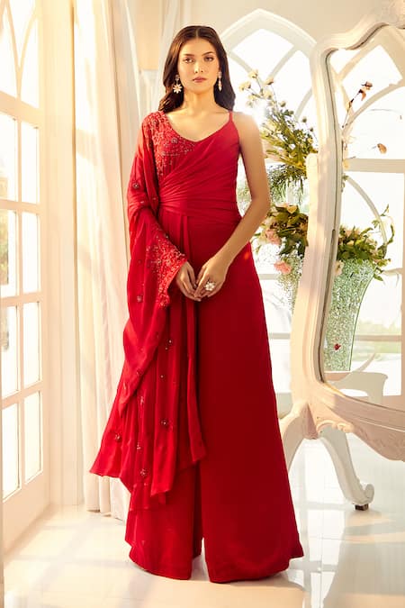 Aariyana Couture Red Modal, Satin Embroidery V-neck Floral Hand Draped Top And Palazzo Set Online at Aza Fashions Aariyana Couture_Red Modal, Satin Embroidery V-neck Floral Hand Draped Top And Palazzo Set_Online_at_Aza_Fashions