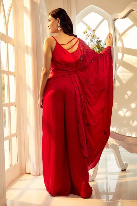 Shop Aariyana Couture Red Modal, Satin Embroidery V-neck Floral Hand Draped Top And Palazzo Set at Aza Fashions Shop_Aariyana Couture_Red Modal, Satin Embroidery V-neck Floral Hand Draped Top And Palazzo Set_at_Aza_Fashions
