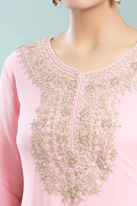 Buy_Samyukta Singhania_Pink Georgette, Silk, Cotton, Chiffon Floral Pittan Kurta And Pant Set_Online_at_Aza_Fashions