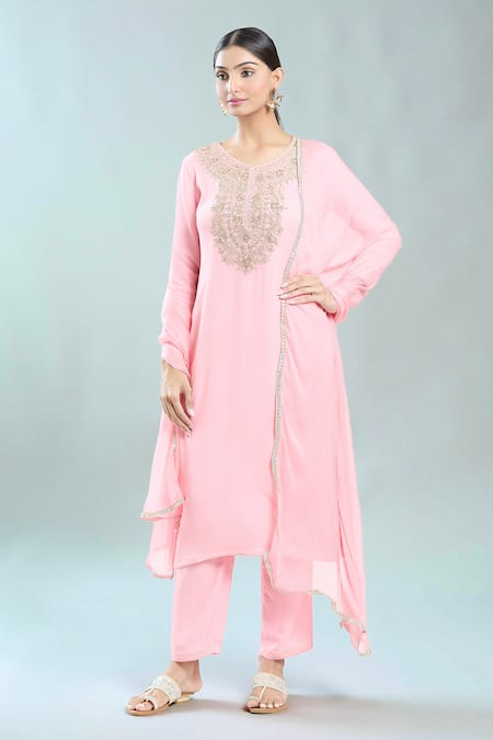 Samyukta Singhania_Pink Georgette, Silk, Cotton, Chiffon Floral Pittan Kurta And Pant Set_at_Aza_Fashions