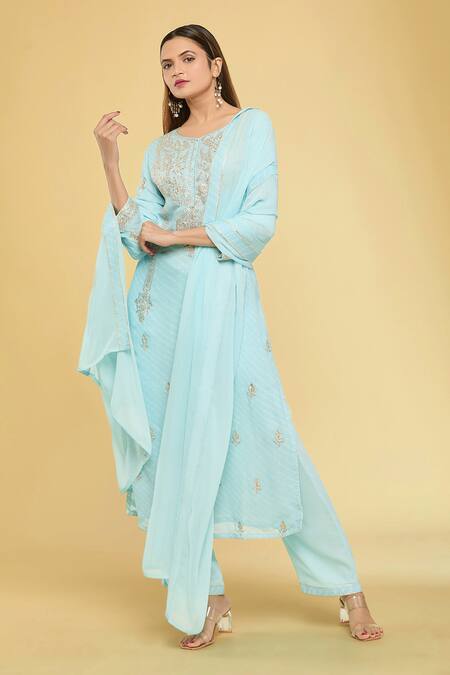 Samyukta Singhania_Sky Blue Georgette, Silk Embroidery Round Neck Pittan Yoke Kurta And Pant Set_Online_at_Aza_Fashions