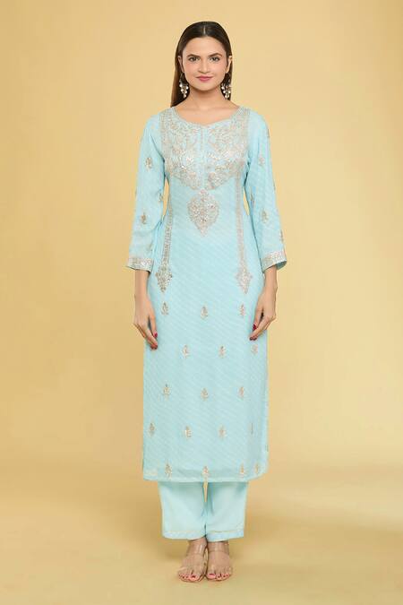 Buy_Samyukta Singhania_Sky Blue Georgette, Silk Embroidery Round Neck Pittan Yoke Kurta And Pant Set_Online_at_Aza_Fashions