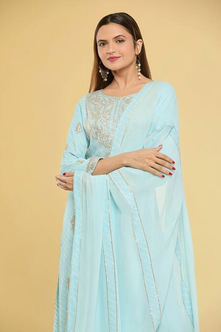 Shop_Samyukta Singhania_Sky Blue Georgette, Silk Embroidery Round Neck Pittan Yoke Kurta And Pant Set_Online_at_Aza_Fashions