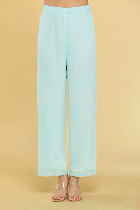 Samyukta Singhania_Sky Blue Georgette, Silk Embroidery Round Neck Pittan Yoke Kurta And Pant Set_at_Aza_Fashions