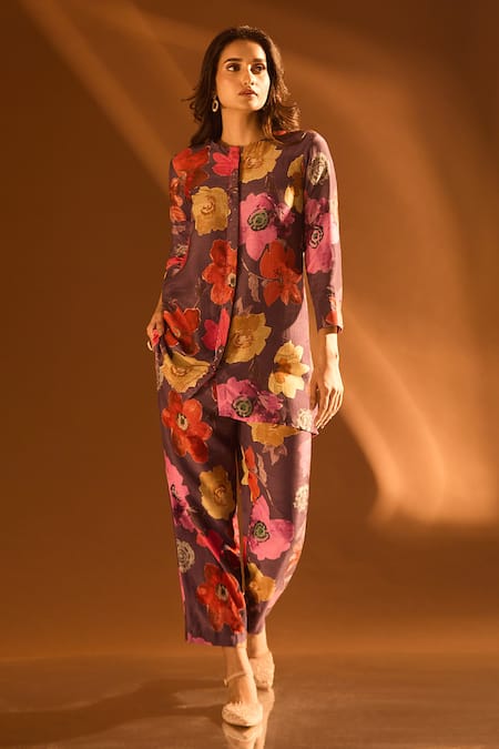 Samyukta Singhania Purple Cotton Sequins Round Neck Floral Pattern Collared Kurta And Pant Set