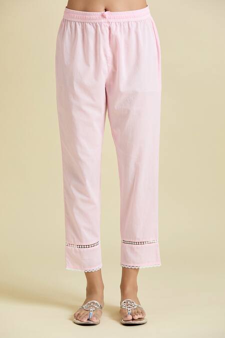 Samyukta Singhania_Pink Cotton Embroidery, Lace Scoop Neck Thread Anarkali Pant Set_at_Aza_Fashions