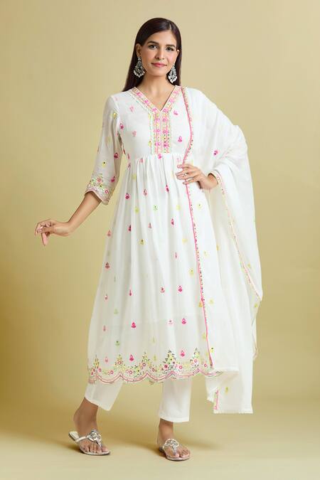 Buy_Samyukta Singhania_White Cotton Mirrors, Sequins V-neck Embroidered Anarkali Pant Set_Online_at_Aza_Fashions