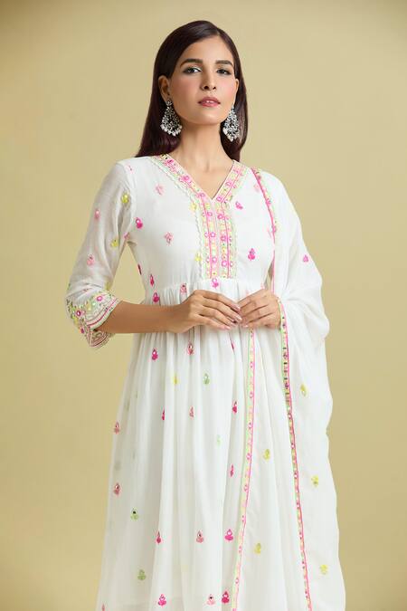 Shop_Samyukta Singhania_White Cotton Mirrors, Sequins V-neck Embroidered Anarkali Pant Set_Online_at_Aza_Fashions