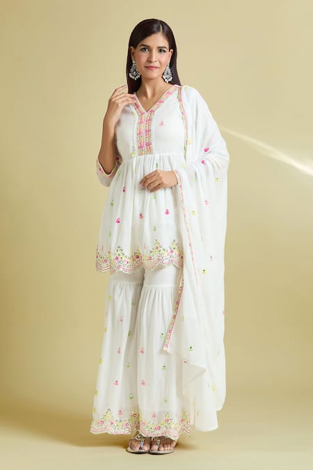 Samyukta Singhania White Cotton Mulmul Embroidered Mirror Work Sequins Peplum Kurta Sharara Set 