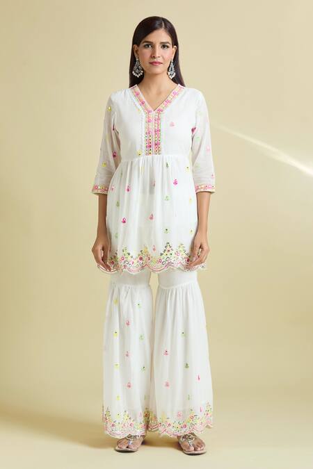 Samyukta Singhania_White Cotton Embroidery, Sequins, Mirrors V-neck Peplum Kurta Sharara Set_Online_at_Aza_Fashions