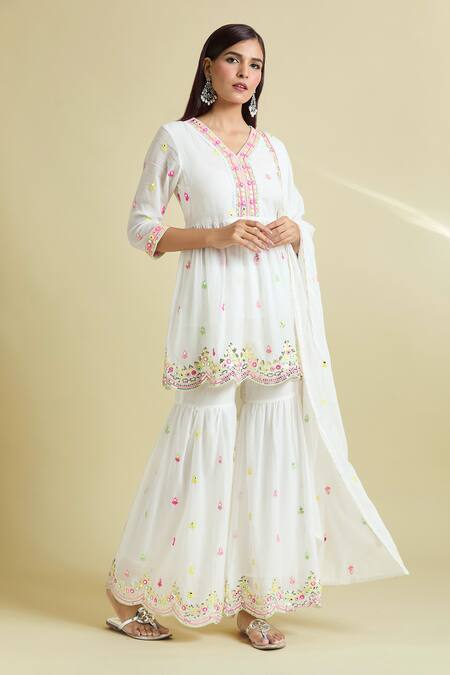 Buy_Samyukta Singhania_White Cotton Embroidery, Sequins, Mirrors V-neck Peplum Kurta Sharara Set_Online_at_Aza_Fashions