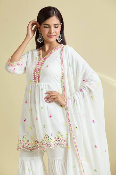 Shop_Samyukta Singhania_White Cotton Embroidery, Sequins, Mirrors V-neck Peplum Kurta Sharara Set_Online_at_Aza_Fashions