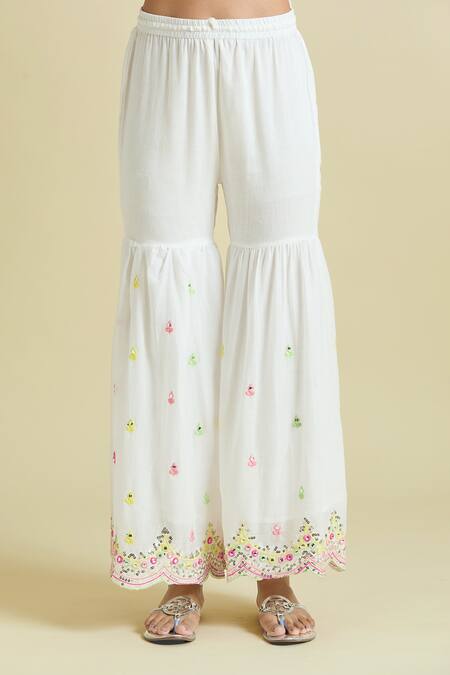 Buy_Samyukta Singhania_White Cotton Embroidery, Sequins, Mirrors V-neck Peplum Kurta Sharara Set