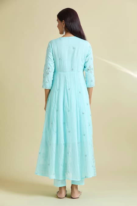 Shop Samyukta Singhania Blue Cotton Mirrors, Sequins V-neck Embroidered Anarkali Pant Set at Aza Fashions Shop_Samyukta Singhania_Blue Cotton Mirrors, Sequins V-neck Embroidered Anarkali Pant Set _at_Aza_Fashions