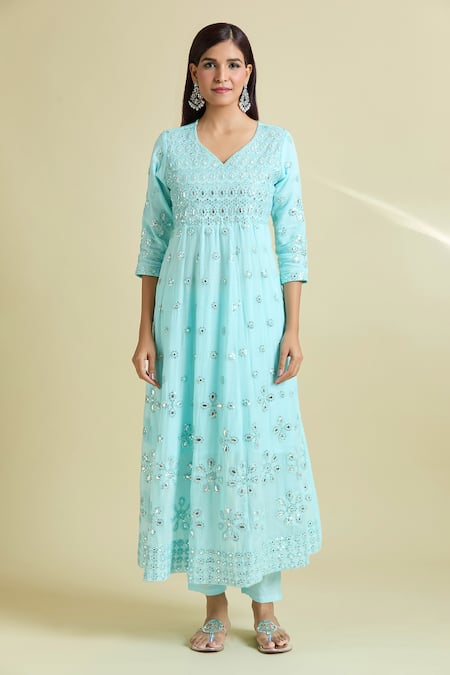 Samyukta Singhania Blue Cotton Mirrors, Sequins V-neck Embroidered Anarkali Pant Set Online at Aza Fashions Samyukta Singhania_Blue Cotton Mirrors, Sequins V-neck Embroidered Anarkali Pant Set _Online_at_Aza_Fashions