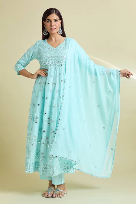 Buy Samyukta Singhania Blue Cotton Mirrors, Sequins V-neck Embroidered Anarkali Pant Set Online at Aza Fashions Buy_Samyukta Singhania_Blue Cotton Mirrors, Sequins V-neck Embroidered Anarkali Pant Set _Online_at_Aza_Fashions
