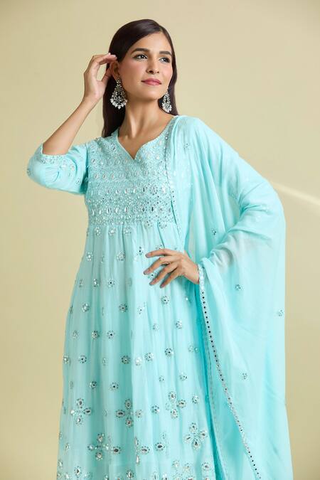 Shop Samyukta Singhania Blue Cotton Mirrors, Sequins V-neck Embroidered Anarkali Pant Set Online at Aza Fashions Shop_Samyukta Singhania_Blue Cotton Mirrors, Sequins V-neck Embroidered Anarkali Pant Set _Online_at_Aza_Fashions