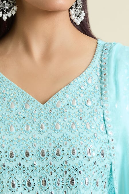 Samyukta Singhania Blue Cotton Mirrors, Sequins V-neck Embroidered Anarkali Pant Set at Aza Fashions Samyukta Singhania_Blue Cotton Mirrors, Sequins V-neck Embroidered Anarkali Pant Set _at_Aza_Fashions