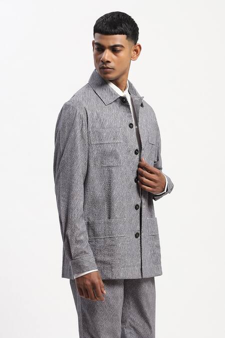 Abraham And Thakore_Multi Color Cotton Diagonal Print Jacket _Online_at_Aza_Fashions