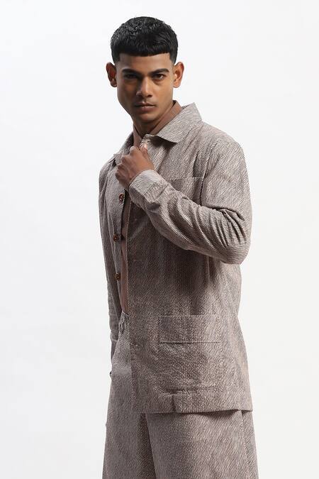 Abraham And Thakore_Multi Color Cotton Diagonal Print Jacket _Online_at_Aza_Fashions