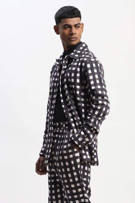 Abraham And Thakore_Black Cotton Watercolour Checks Jacket _Online_at_Aza_Fashions