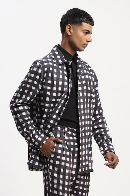 Buy_Abraham And Thakore_Black Cotton Watercolour Checks Jacket _Online_at_Aza_Fashions