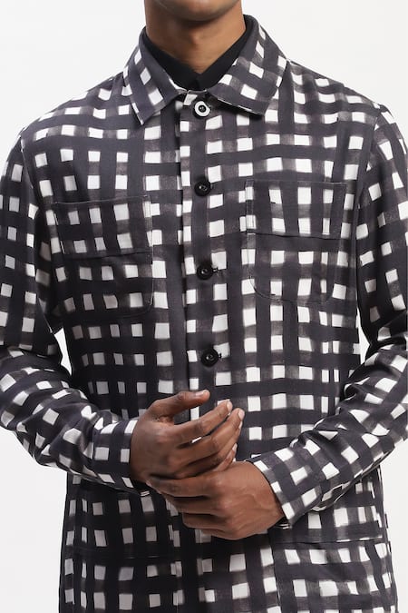 Shop_Abraham And Thakore_Black Cotton Watercolour Checks Jacket _Online_at_Aza_Fashions