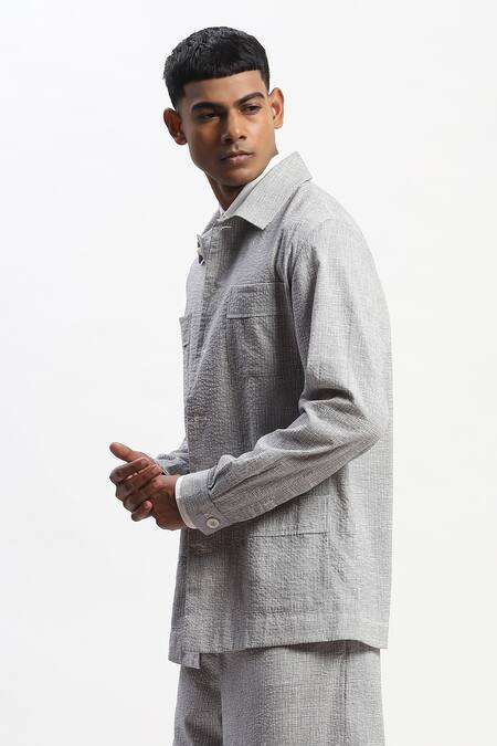 Abraham And Thakore_Gray Cotton Hand-drawn Lines Grey Jacket _Online_at_Aza_Fashions