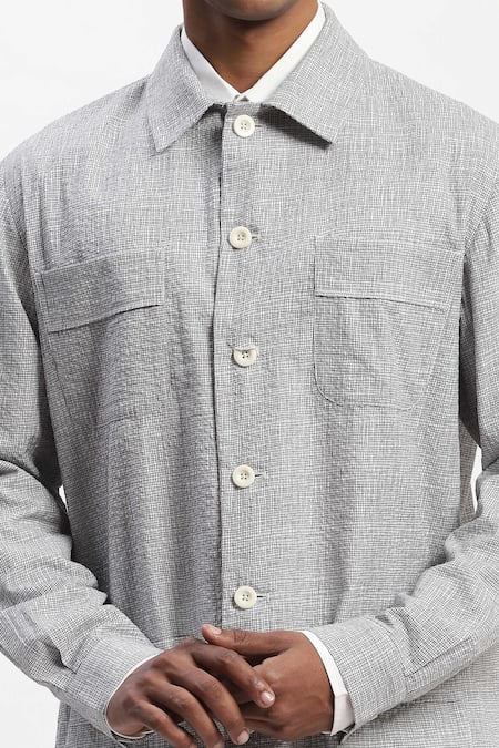 Shop_Abraham And Thakore_Gray Cotton Hand-drawn Lines Grey Jacket _Online_at_Aza_Fashions