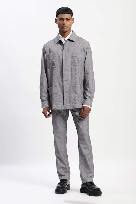ABRAHAM AND THAKORE Gray Cotton Diagonal Print Casual Trouser 