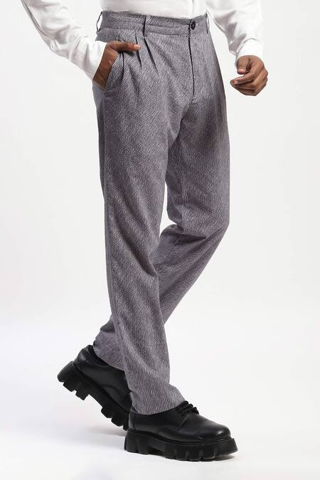 Abraham And Thakore_Gray Cotton Diagonal Print Casual Trouser _Online_at_Aza_Fashions