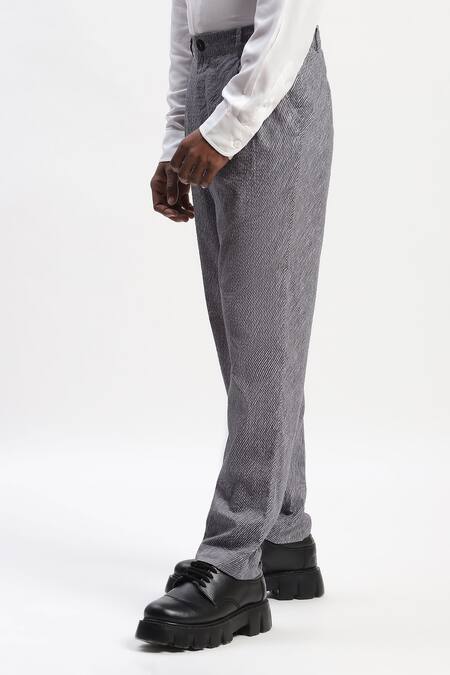 Buy_Abraham And Thakore_Gray Cotton Diagonal Print Casual Trouser _Online_at_Aza_Fashions