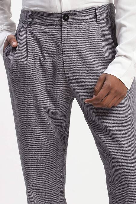 Abraham And Thakore_Gray Cotton Diagonal Print Casual Trouser _at_Aza_Fashions
