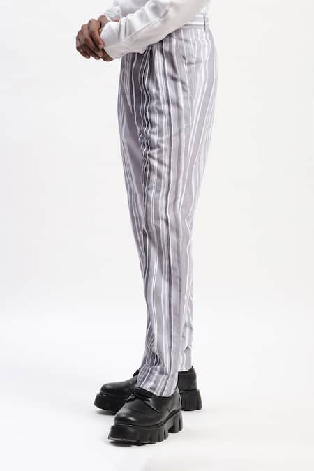 Abraham And Thakore_Gray Cotton Watercolour Stripes Trouser _Online_at_Aza_Fashions