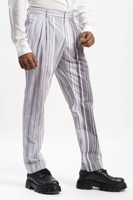 Shop_Abraham And Thakore_Gray Cotton Watercolour Stripes Trouser _Online_at_Aza_Fashions