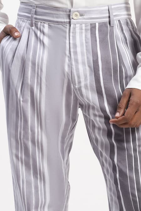 Abraham And Thakore_Gray Cotton Watercolour Stripes Trouser _at_Aza_Fashions