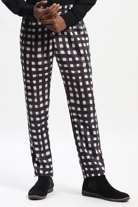 Shop Abraham And Thakore Black Cotton Watercolour Checks Trouser at Aza Fashions Shop_Abraham And Thakore_Black Cotton Watercolour Checks Trouser _at_Aza_Fashions