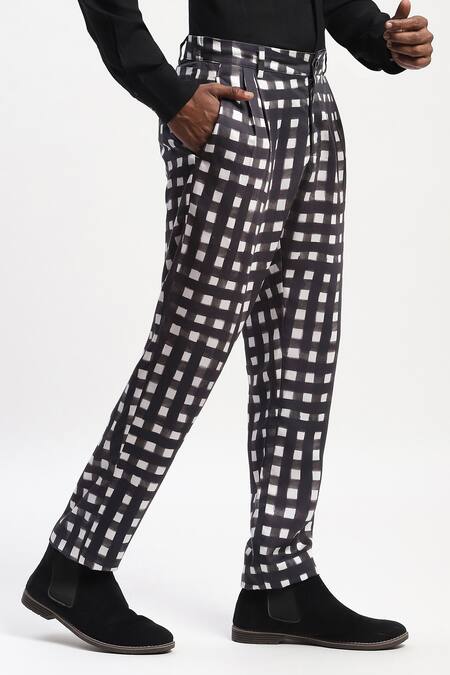 Shop Abraham And Thakore Black Cotton Watercolour Checks Trouser Online at Aza Fashions Shop_Abraham And Thakore_Black Cotton Watercolour Checks Trouser _Online_at_Aza_Fashions