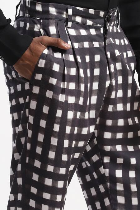 Abraham And Thakore Black Cotton Watercolour Checks Trouser at Aza Fashions Abraham And Thakore_Black Cotton Watercolour Checks Trouser _at_Aza_Fashions