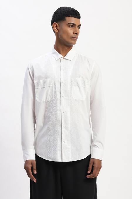 Abraham And Thakore_White Cotton Embroidery Engineered Trapunto Shirt _Online_at_Aza_Fashions