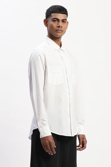 Buy_Abraham And Thakore_White Cotton Embroidery Engineered Trapunto Shirt _Online_at_Aza_Fashions