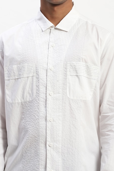 Shop_Abraham And Thakore_White Cotton Embroidery Engineered Trapunto Shirt _Online_at_Aza_Fashions