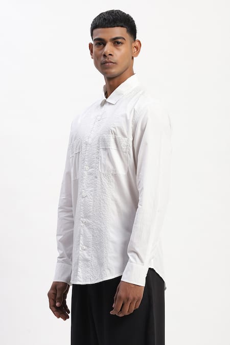 Abraham And Thakore_White Cotton Embroidery Engineered Trapunto Shirt _at_Aza_Fashions