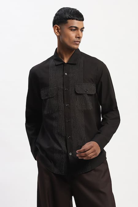 Abraham And Thakore_Black Cotton Engineered Trapunto Shirt _Online_at_Aza_Fashions