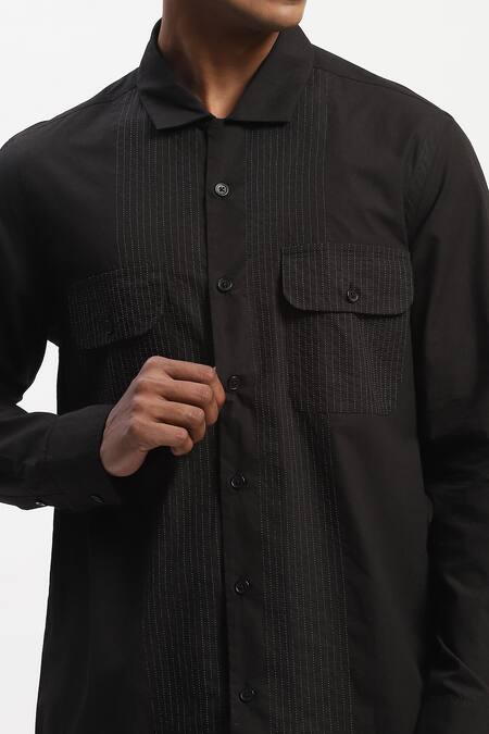 Buy_Abraham And Thakore_Black Cotton Engineered Trapunto Shirt _Online_at_Aza_Fashions