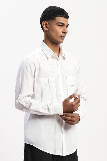 Abraham And Thakore_White Cotton Tonal Patchwork Shirt _Online_at_Aza_Fashions